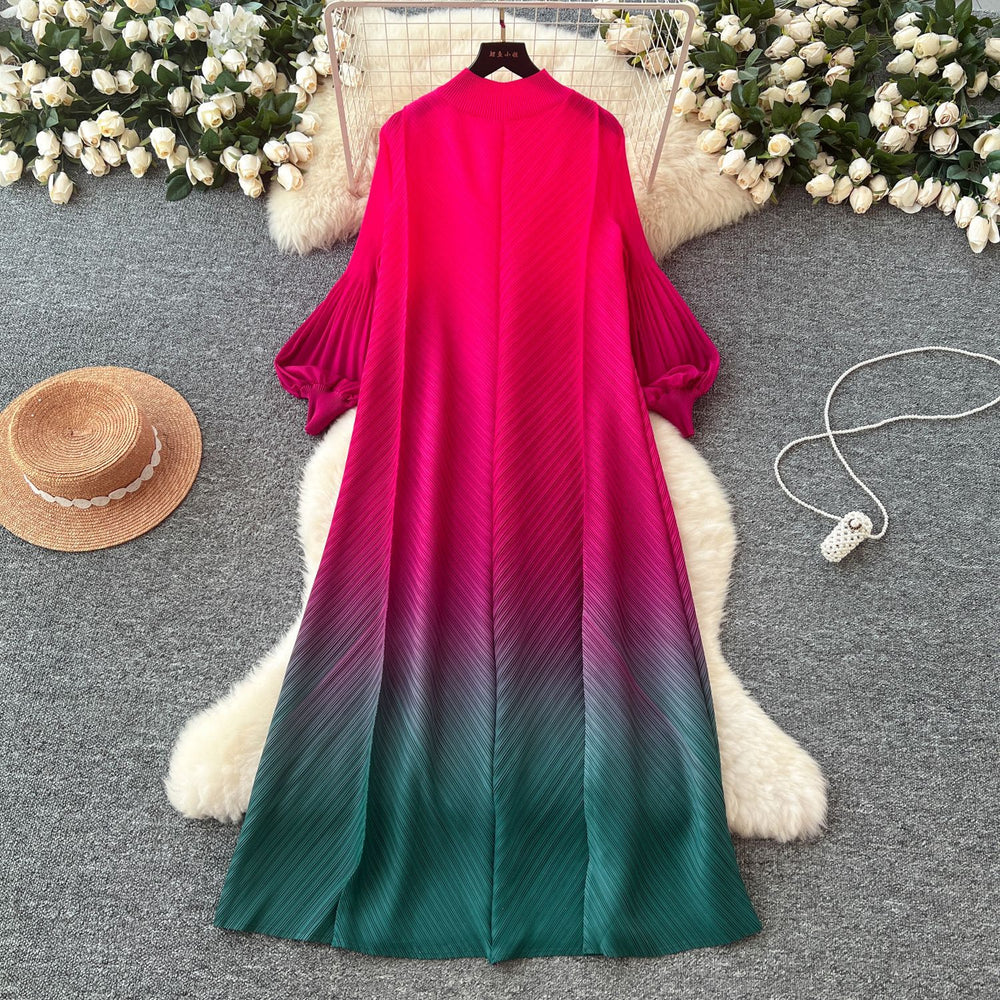 fashion gradient lantern sleeve pleated dress - women's spring/autumn loose a-line maxi dress