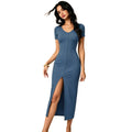 independent station fashionv neck short-sleeved dress single-breasted slit waist slimming lookelegant mid-length skirt