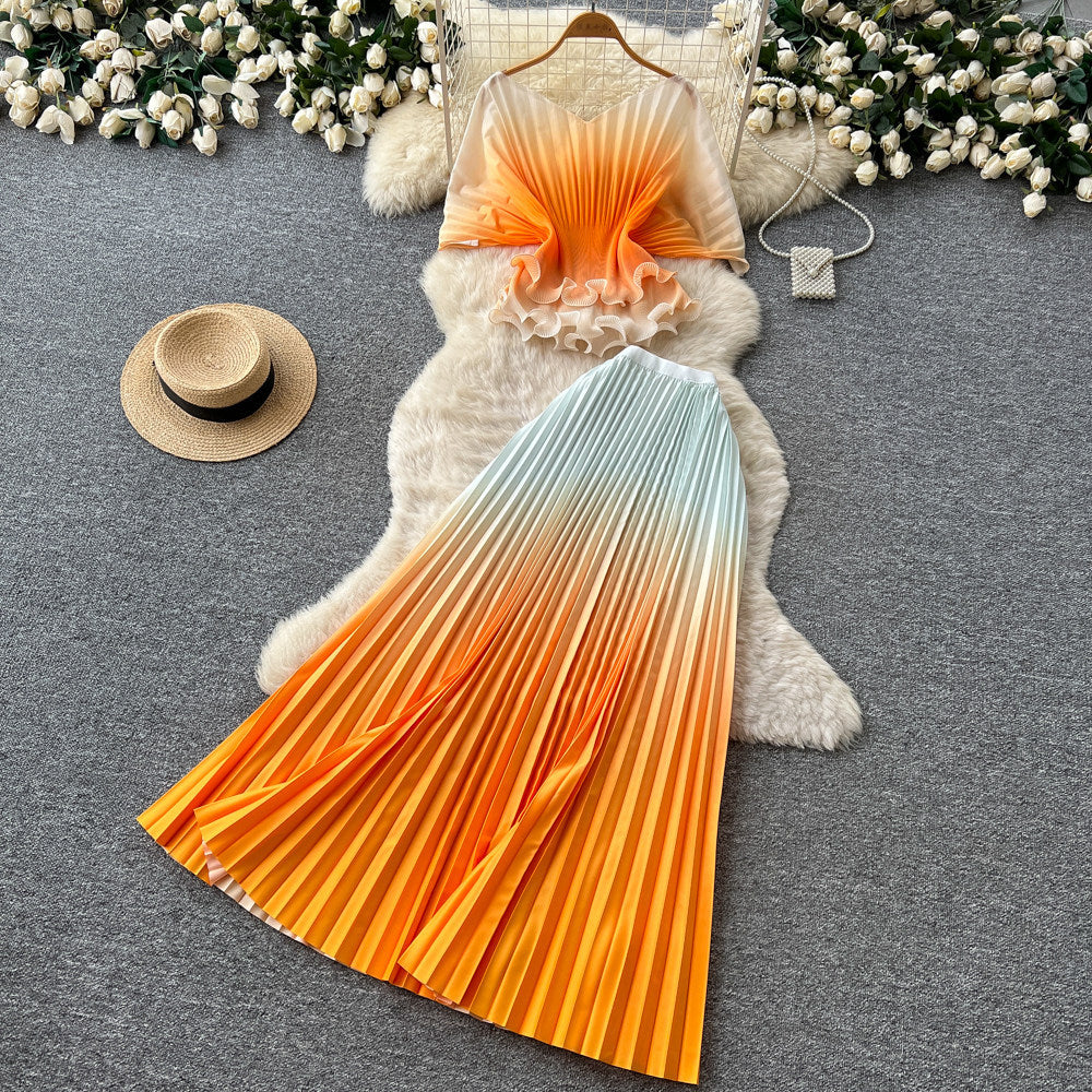 Dopamine dress gradient color pleated silmsuit women's summer waist slimming lookcardigan pleated skirt two-piece set work clothing