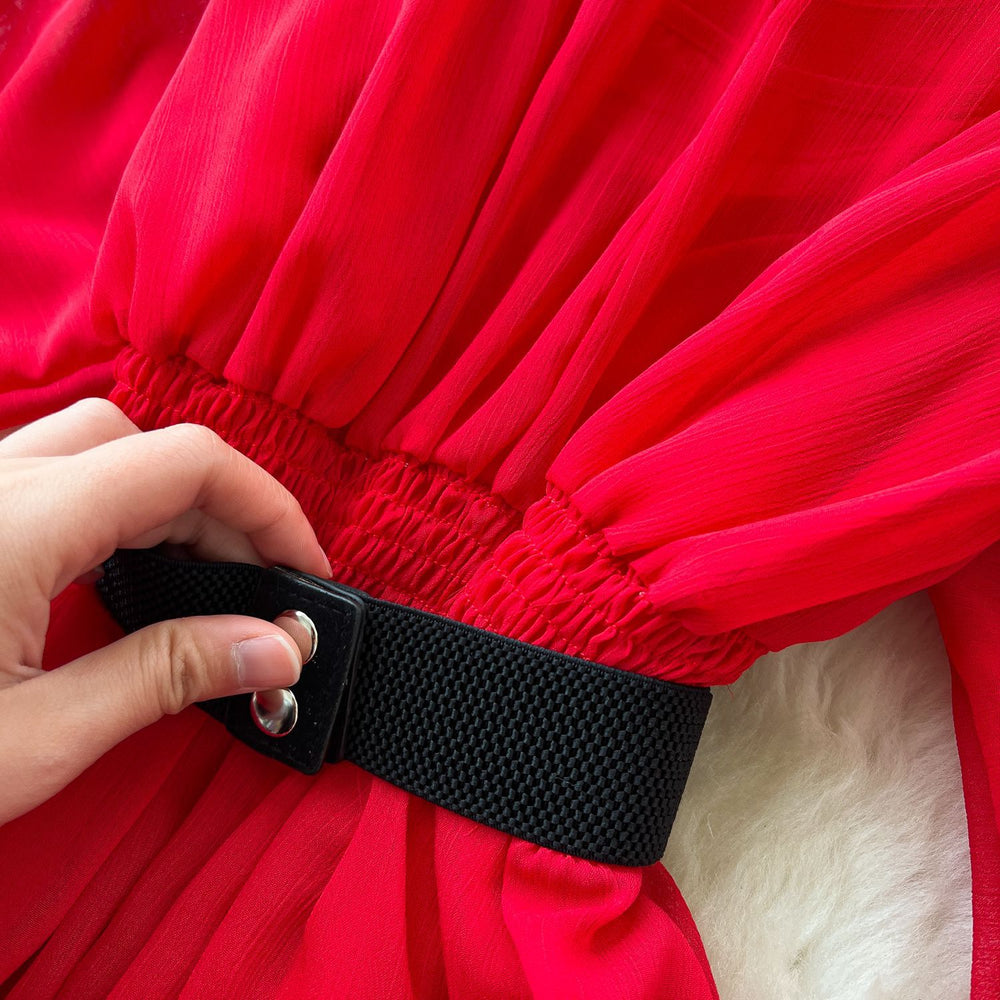 French chic diamond-embellished v-neck batwing sleeve tie-waist maxi dress - slimming, elegant, and flowy chiffon