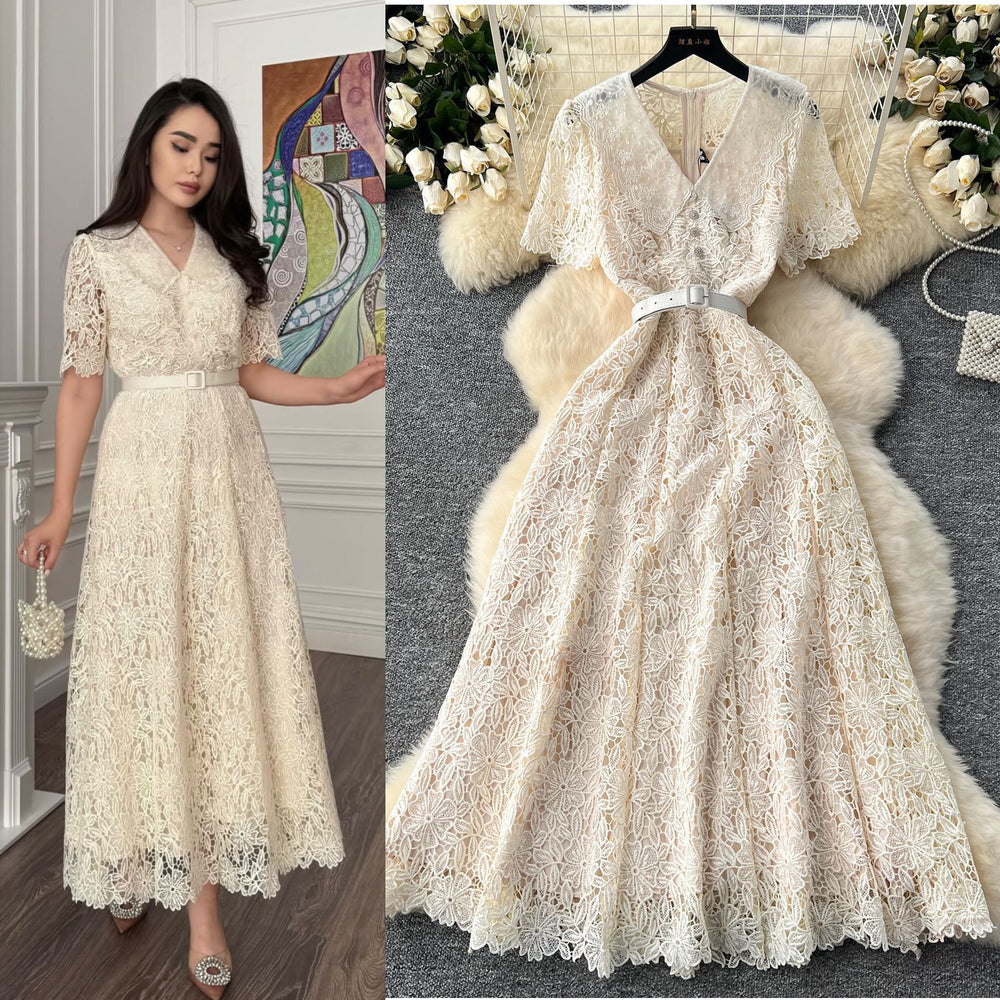 Xiaoxiangfeng dress women's frenchclassy sweet doll collar short sleeve waist slimming looklonglace dress