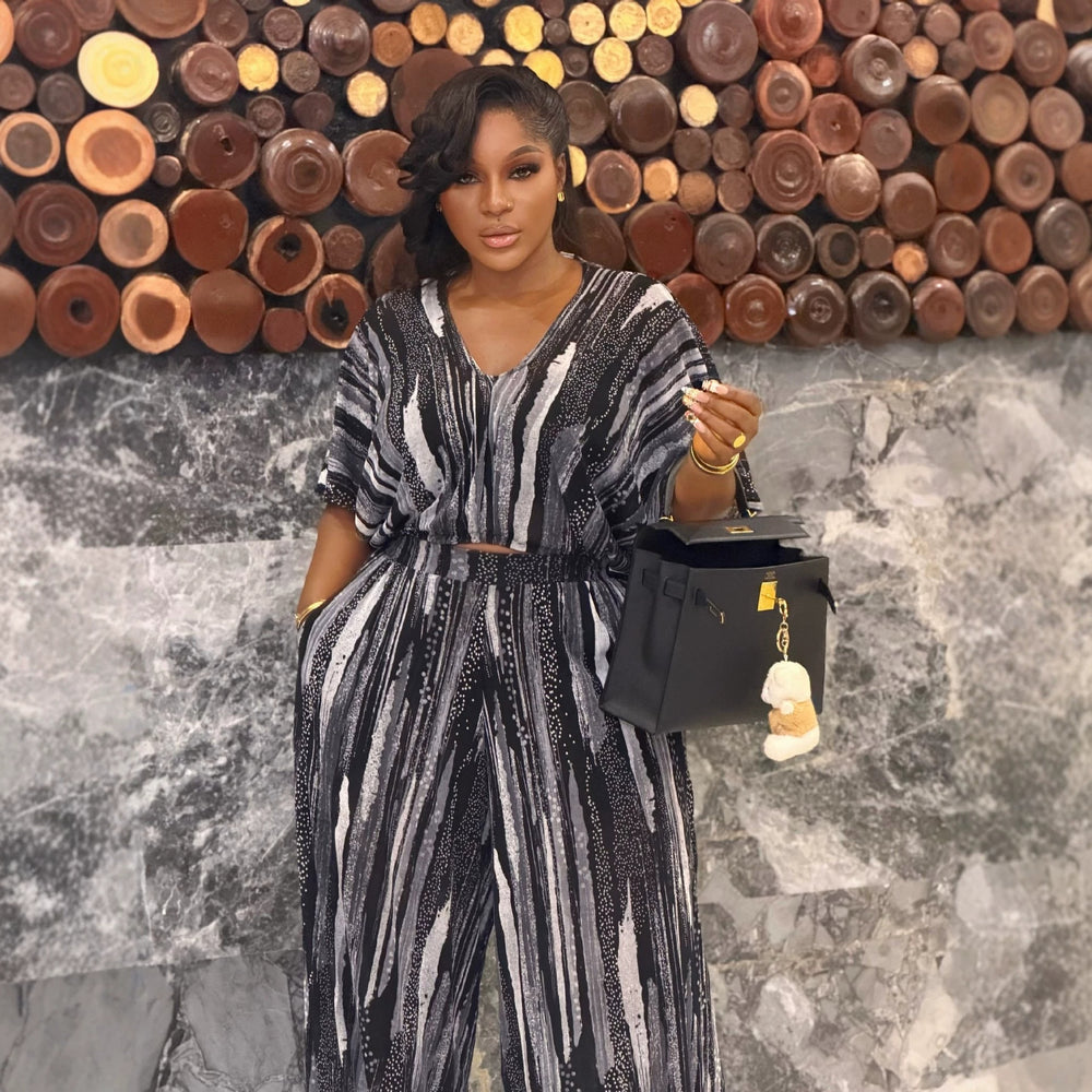 European and american cross-border african women's clothing  summer new fashionable elegant printed v-neck shirt and wide-leg pants set