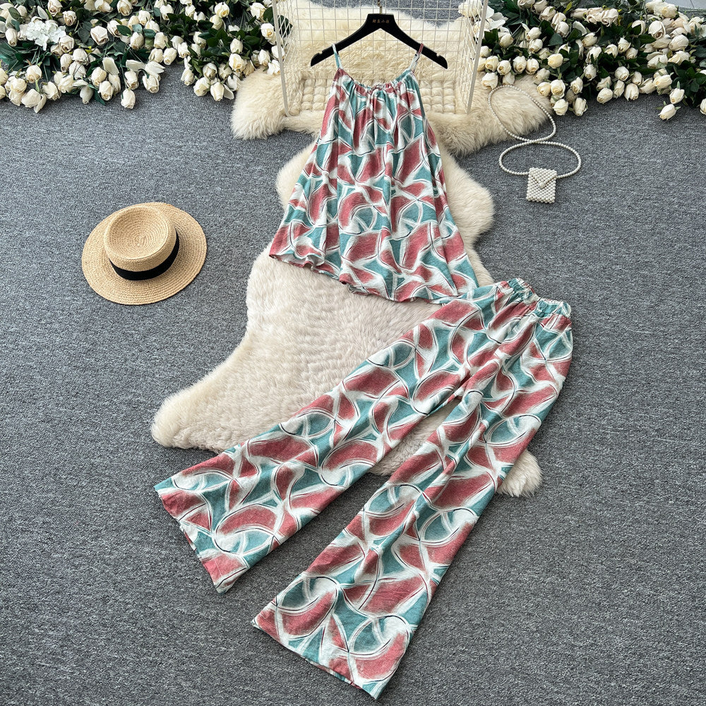 Lazy style printing vest loose pantseleganttwo-piece set women's summer flesh-covering slimming lookhigh waistslimming looksuit outfit