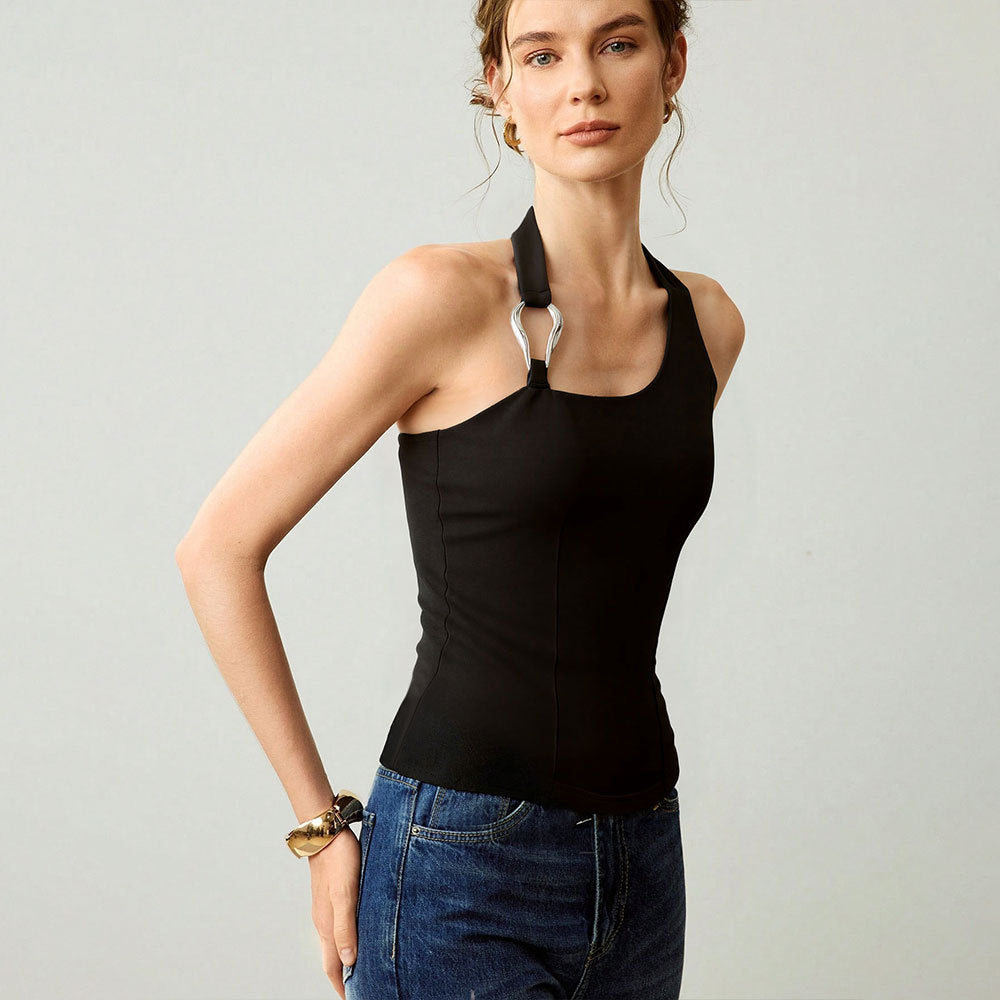 Fashionexportnew arrival yoga sports vest women's quick-drying training dance metal buckle decoration halter neck slim-fitting tops