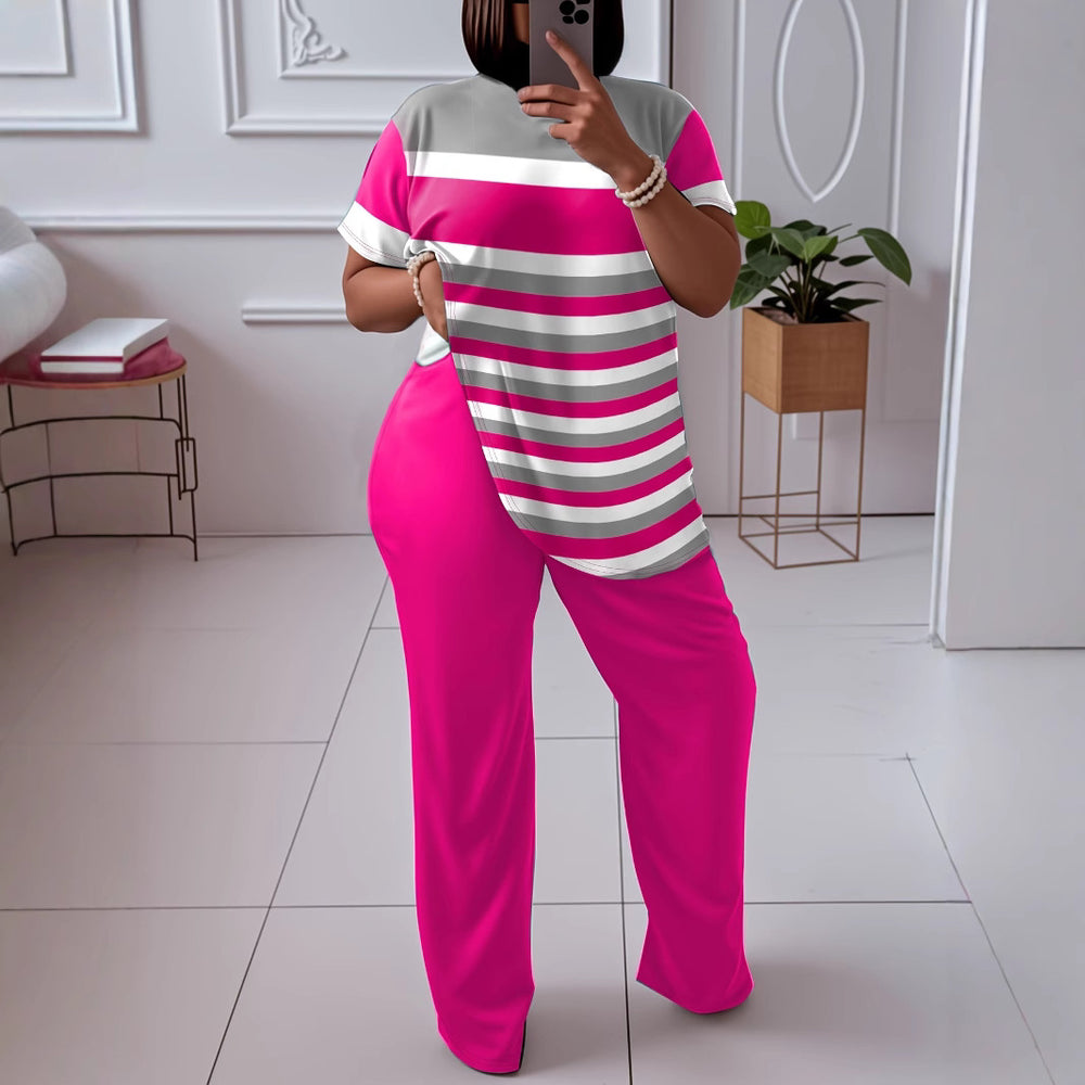 [hot-selling foreign trade model] fashion style large size contrasting stripesd short-sleeved fashion suit with burgundy wide-leg pants