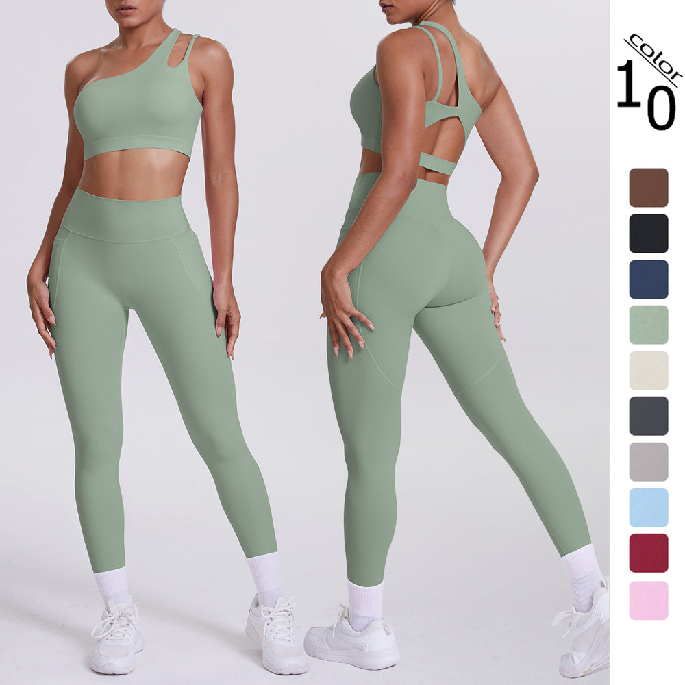 Cloud-feel one-shoulder backless sports bra set - high-waisted, butt-lifting, compression yoga outfit - quick-dry running & fitness set for women