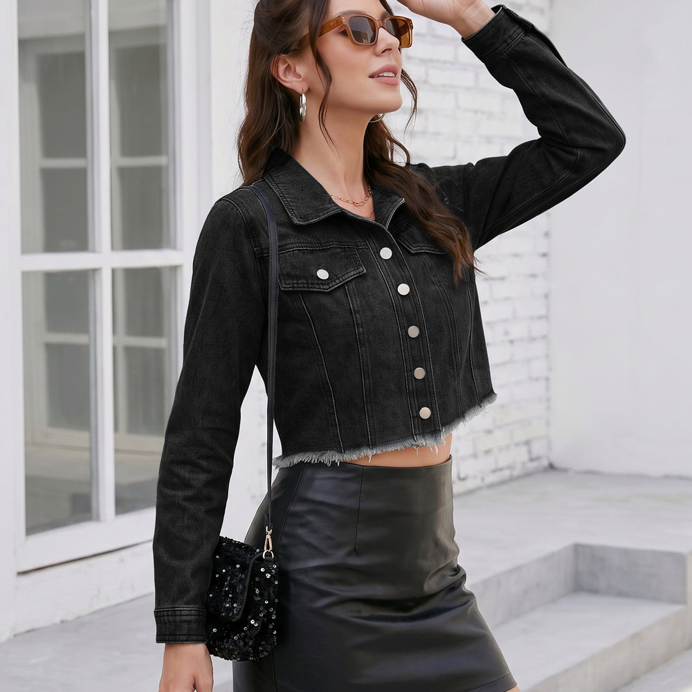 Fashion cross-border export lapel double chest pocket metal single-breasted long sleeves hem hair cut short denim outwear