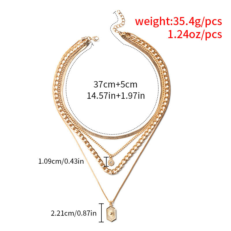 Wholesale alloy necklaces - new european and american cross-border style: minimalist diamond-studded rhombus square pendant, sun charm, multi-layer choker necklace for women
