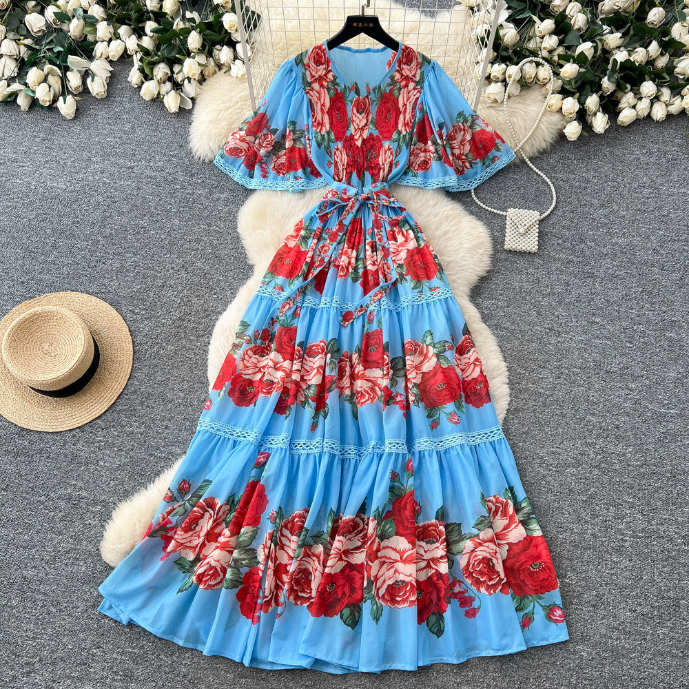 French riviera style printed short-sleeve pleated dress - women's summer v-neck, cinched waist, tie-up maxi dress - high-end, slimming fit