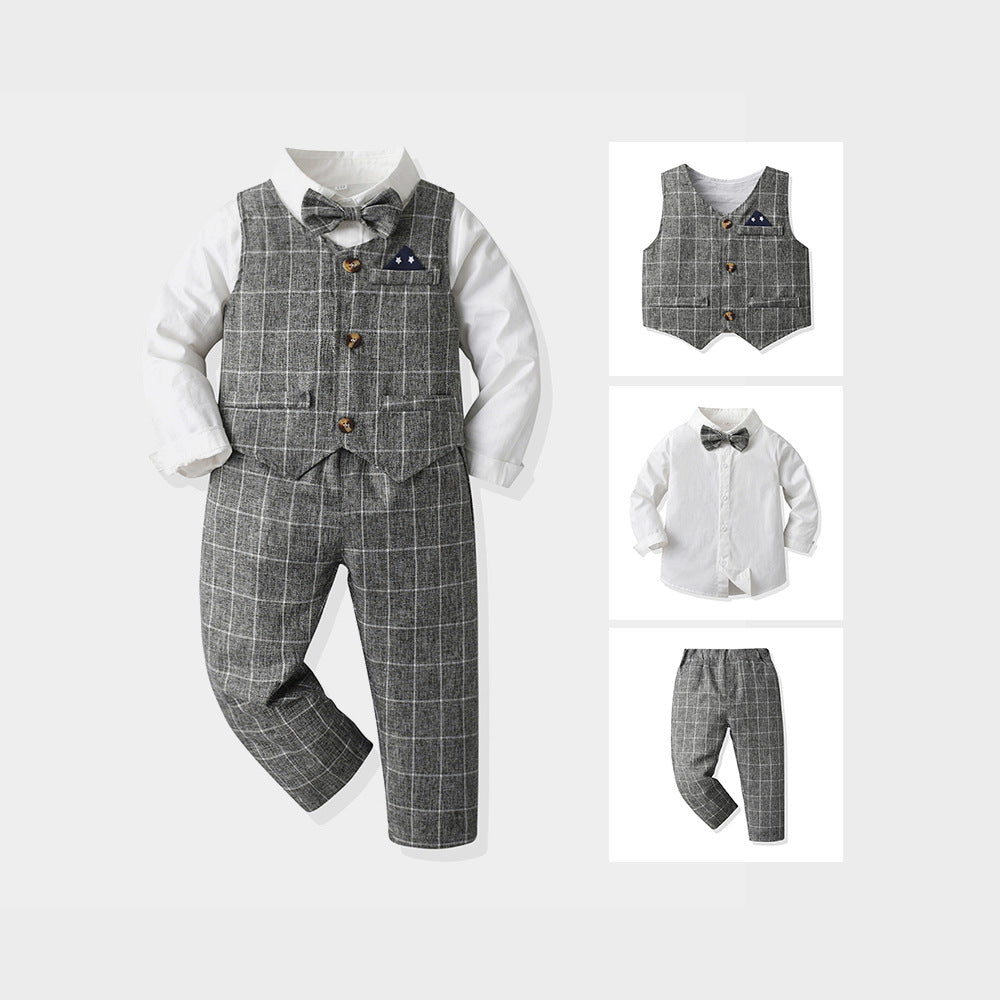 Wholesale branded children's clothing: spring/autumn boys' gentleman's suit, shirt, and vest three-piece set – stylish and fashionable for boys