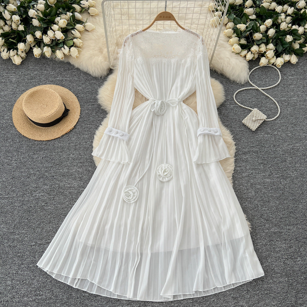 Classy sense of nicheelegancedress women's autumnew arrival strap waist lacepatchwork bell sleeve pleated long skirt