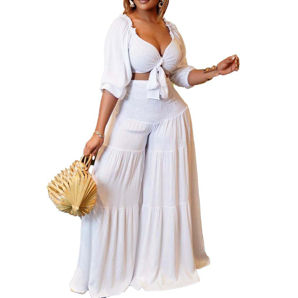 Amazon independent station european and american clothing export summer sexy fashion casual street suit pleated pure color two-piece set