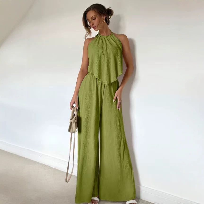Amazon fashion cross-border women's textured wrinkled halter suit back straps backless high waistloose pants