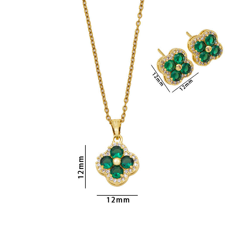 [copper inlaid with zirconium] necklace for women, long four-leaf clover pendant earrings, light luxury high-end titanium steel popular clavicle chain jewelry