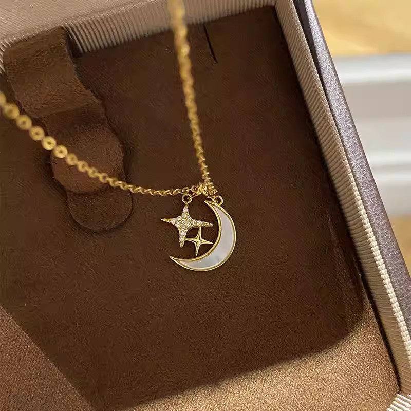 Ins star and moon titanium steel necklace - women's designer high-end star, moon, and shell clavicle chain - fashionable and versatile jewelry