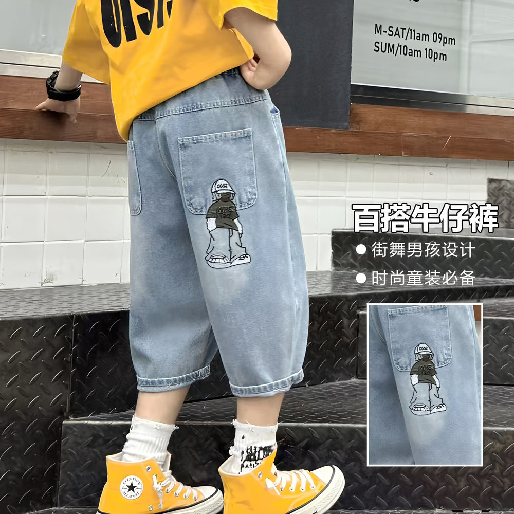 Boys' summer denim shorts:  new trendy & stylish boy's summer cropped pants, lightweight shorts for mid-to-large children
