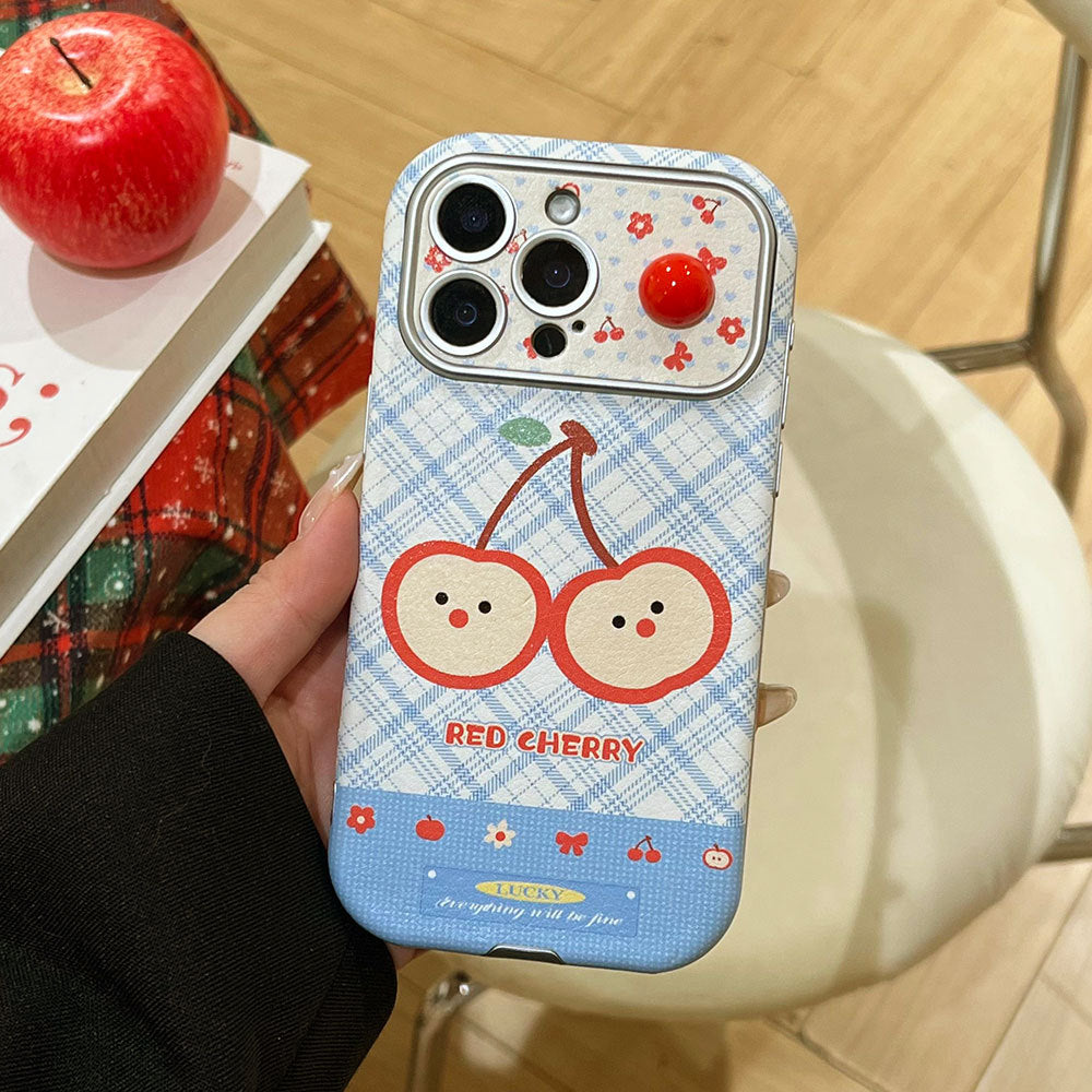 Two red cherries are suitable for lambskin large window iphone16 protective case 15 apple 17pm anti-fall mobile phone case
