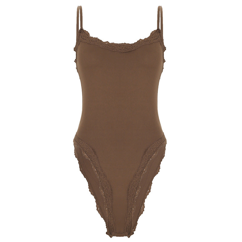 solid color basic lace splicing suspender onesie sexy base medium and long vest top women