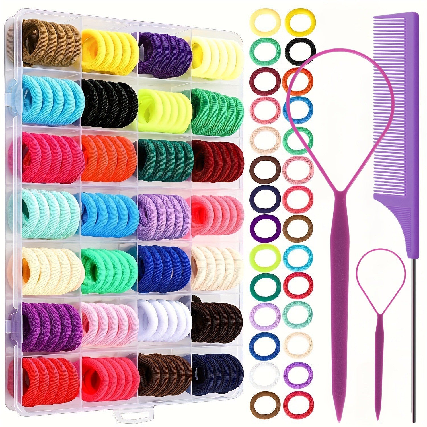 Cross-border special for children's rubber bands, colored hair ropes, 24/28/32-color boxed head ropes, hair pulling needles, pointed tail combs