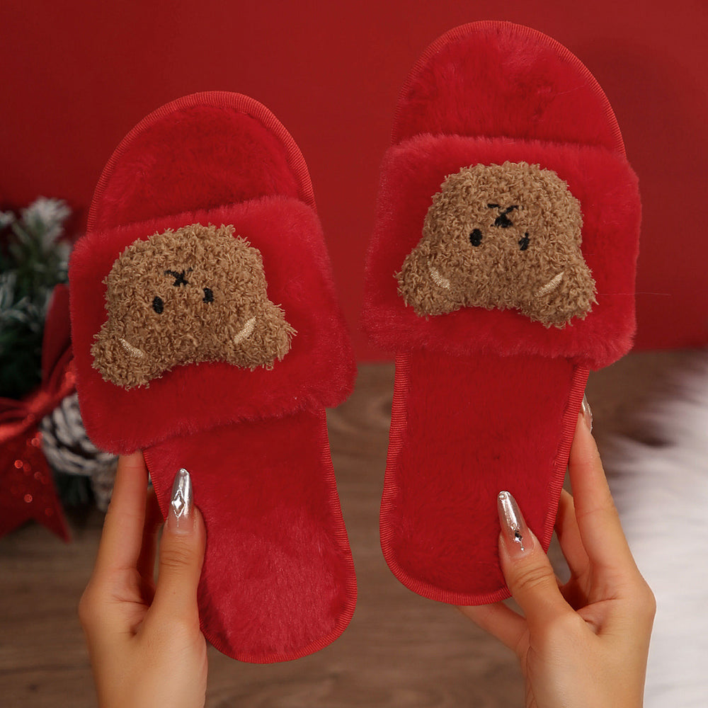Women's fluffy slippers - new 2024 autumn/winter indoor/outdoor cartoon bear design, thickened plush cotton slippers