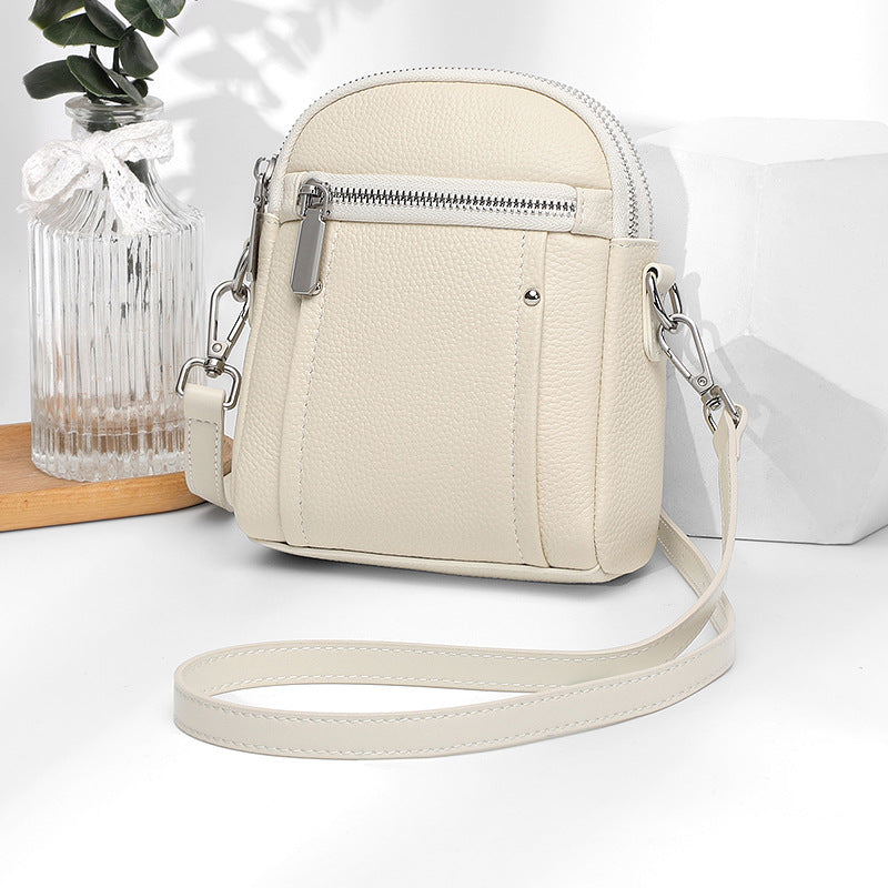 Casual leather large-capacity mobile phone bag women's versatile cowhide shoulder bag 2025 new double-layer zipper bag messenger bag
