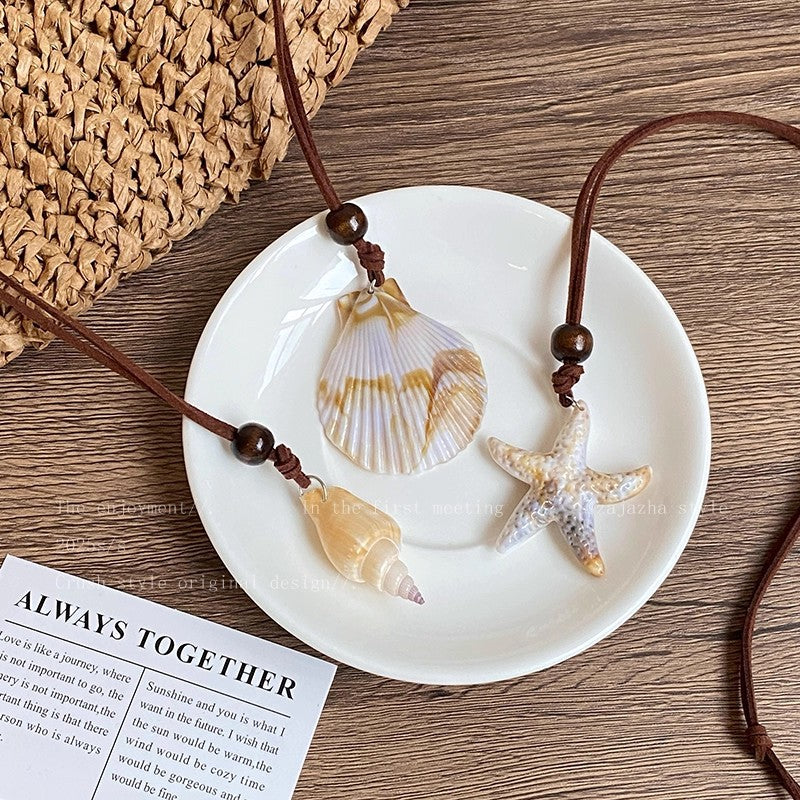 2026new arrival forest style retro starfish pendant necklace lazy style literary leather rope necklace ocean style clavicle chain