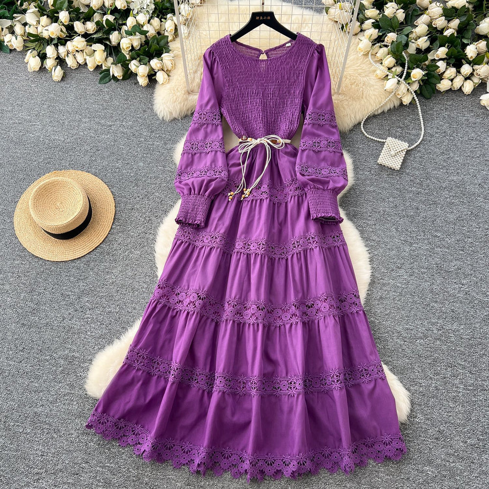 High-end elegant dress - spring  collection: french-inspired fashion with cutout lace, patchwork, cinched waist, and a flowy, vintage-style maxi skirt