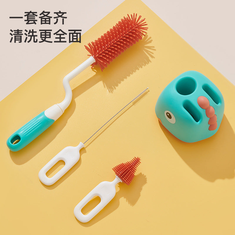 Baby cleaning brush set - includes cup brush, straw brush, storage box, base, silicone nipple brush, and bottle brush