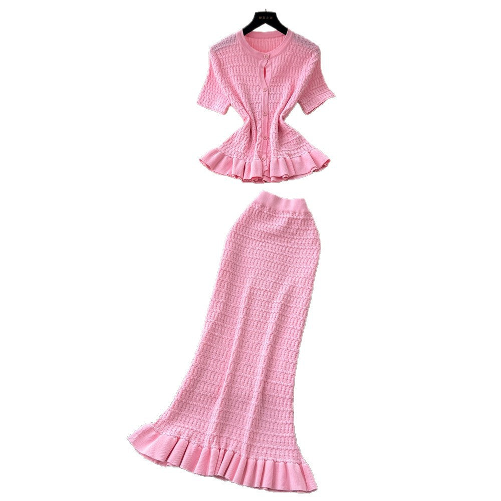 K-styleknittingrufflesilm two-piece set for women summer silm light mature elegance style work clothingelegantsuit