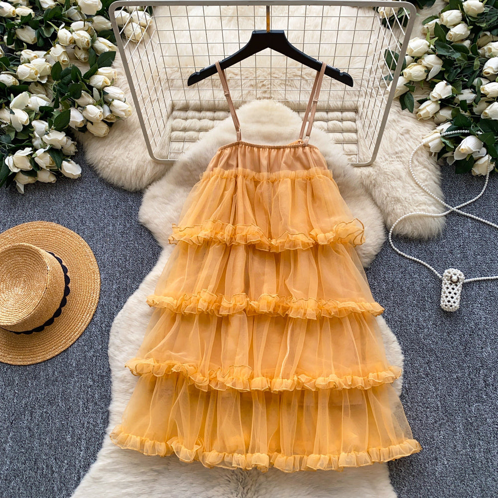 Qianjinfeng cake skirt suspender dress for women summer heavy industry fungus edge multi-layered ruffles age-reducing fairy dress
