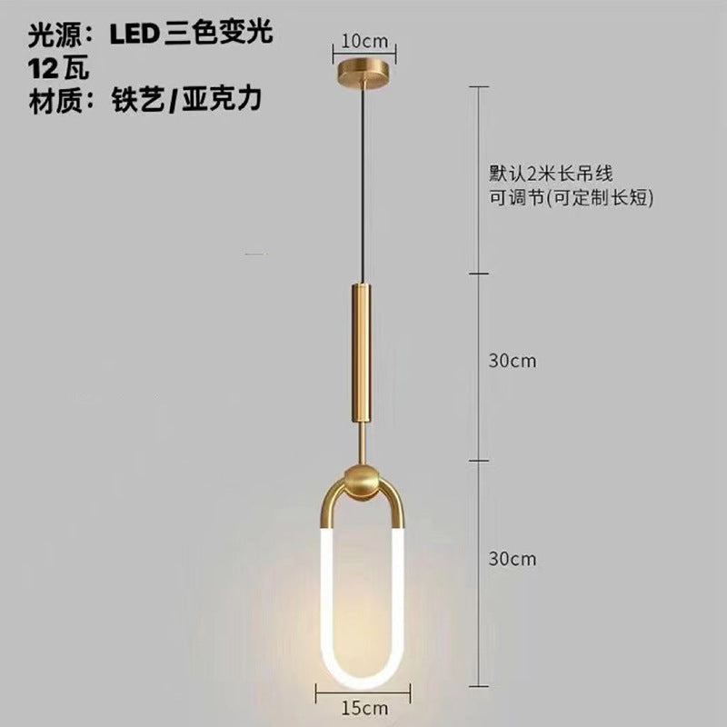 Modern minimalist brushed gold u-shaped linear pendant light - italian style for bedroom, bedside, dining room, island, bar, and hotel