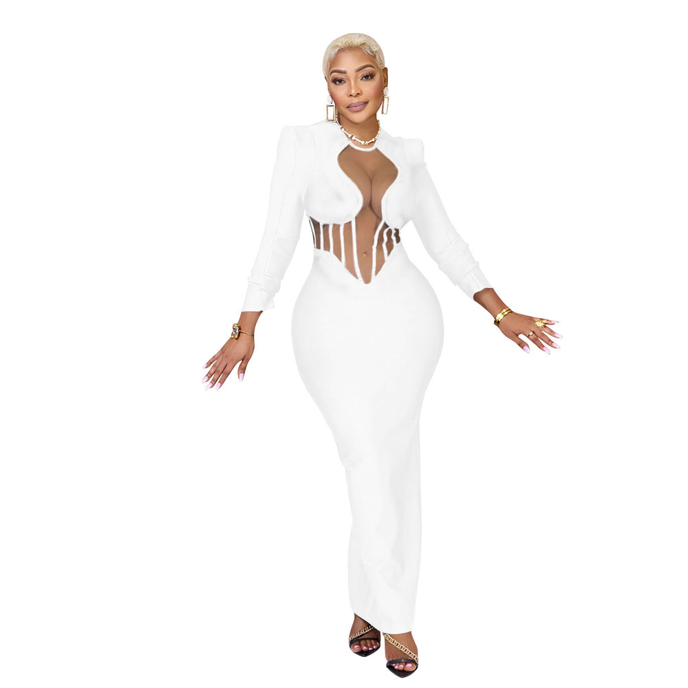 C6756 cross-border   fashion women's solid color mesh see-through long sleeve maxi dress