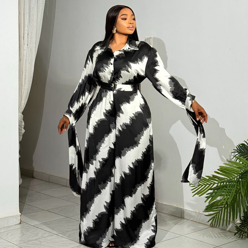 European and american women's clothing  autumn new collection: sweet and fresh printed turn-down collar long-sleeve shirt and high-waisted straight-leg pants two-piece set
