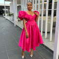 European and american export women's clothing  summer new fashion square neck puff sleeve solid color cinched waist midi dress