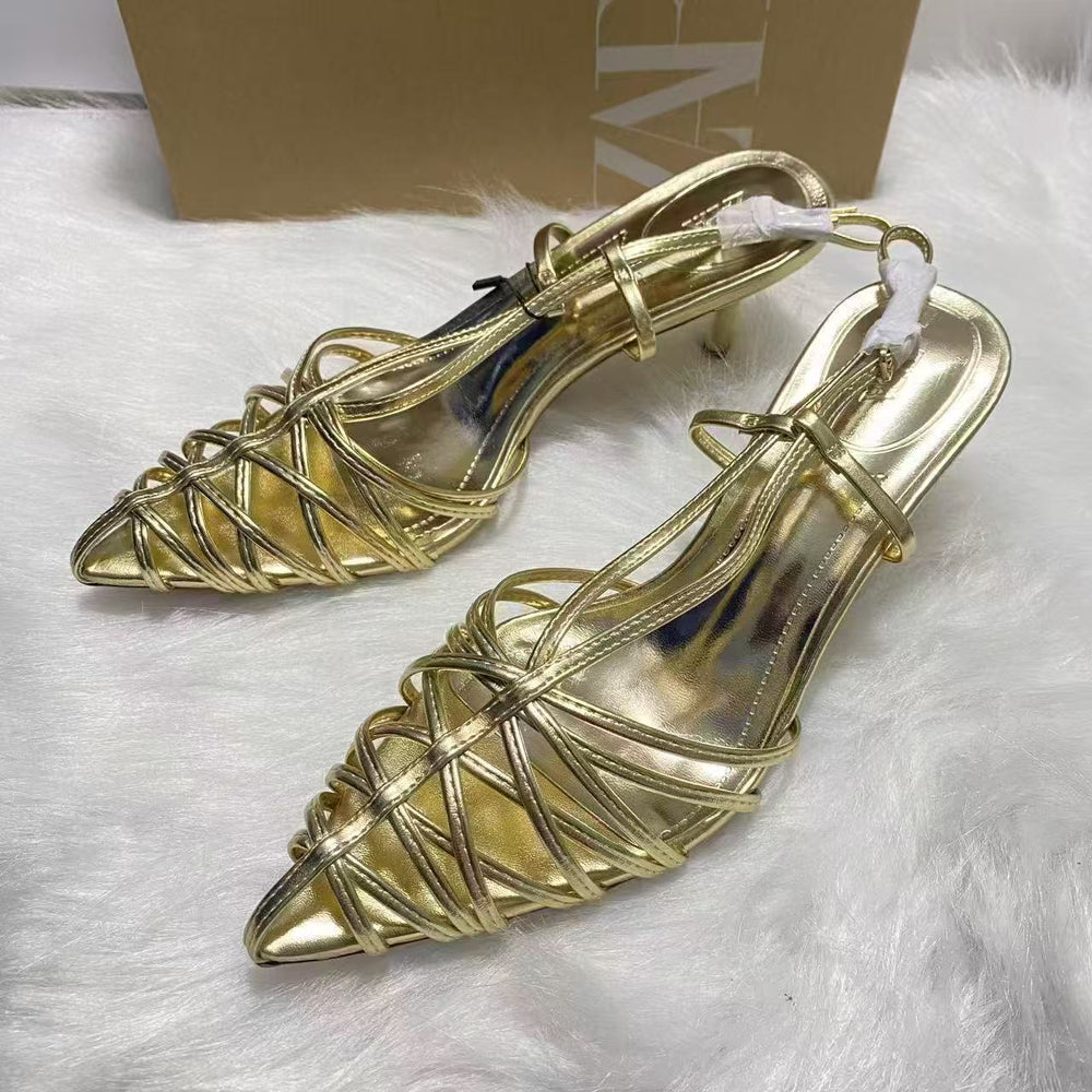 Za's 2025 summer new collection: trendy runway-ready electroplated stiletto heels with minimalist open-toe design and buckle strap detail