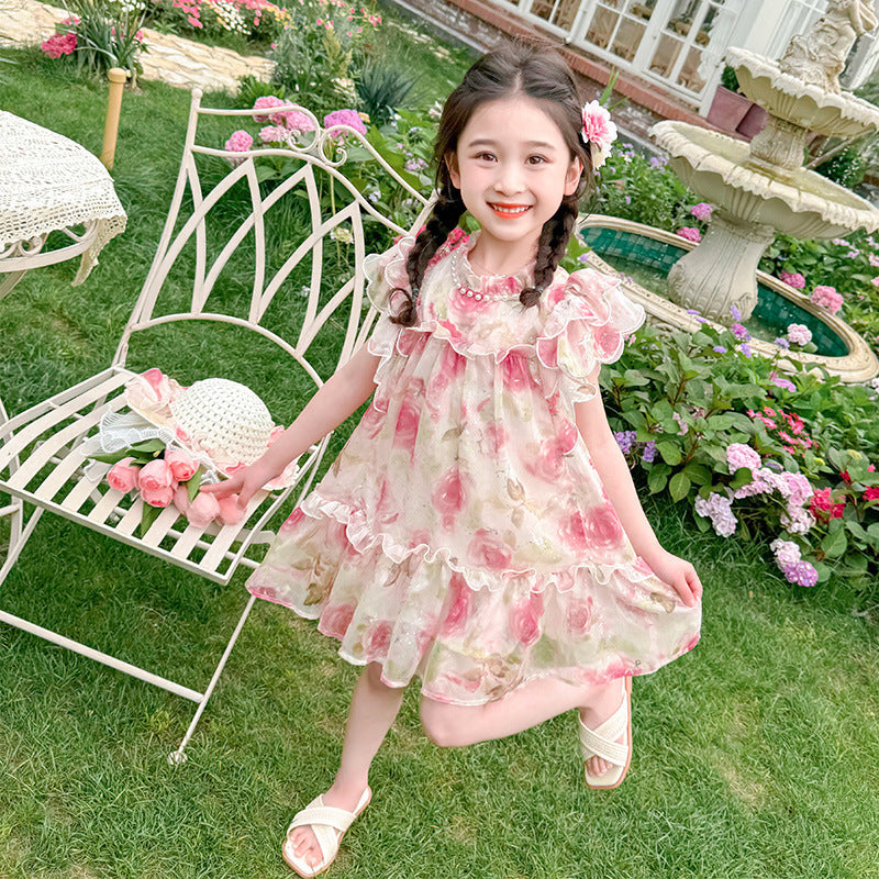 Girls' sweet princess style dress -  summer new arrival - kids' chic floral fairy baby mesh skirt