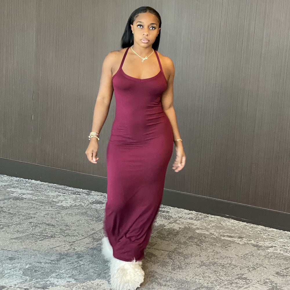 S390081 Foreign trade European and American women's clothing ins new models, sexy solid color suspender dress, fashionable temperament long dress women