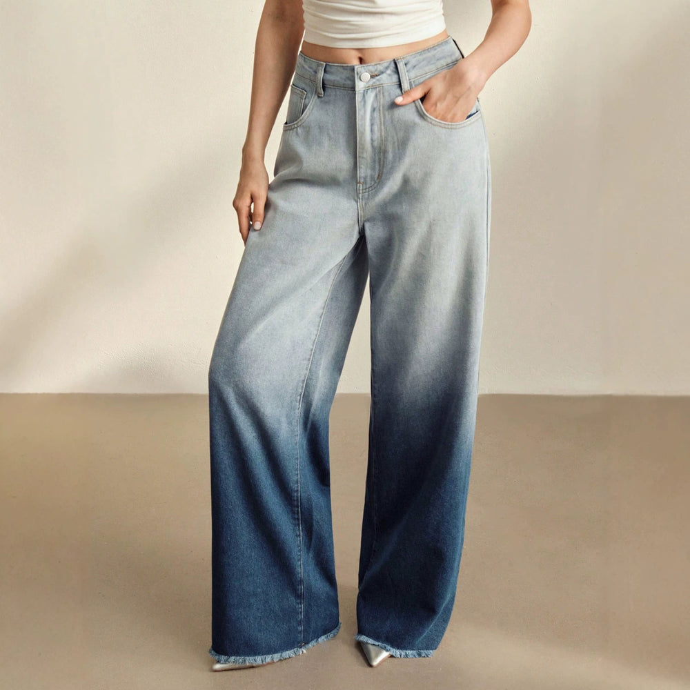 European and american style women's gradient washed denim wide leg jeans - relaxed fit, straight leg, slimming effect