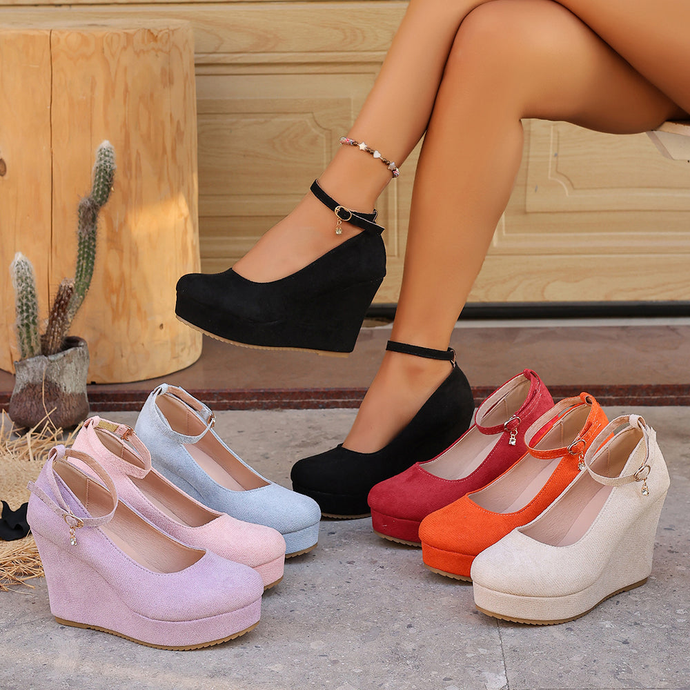 Exportplus sizespring & fallnew arrival wedge flats women's waterproof platform fashion round toe super high heel one-word buckle flatsflats