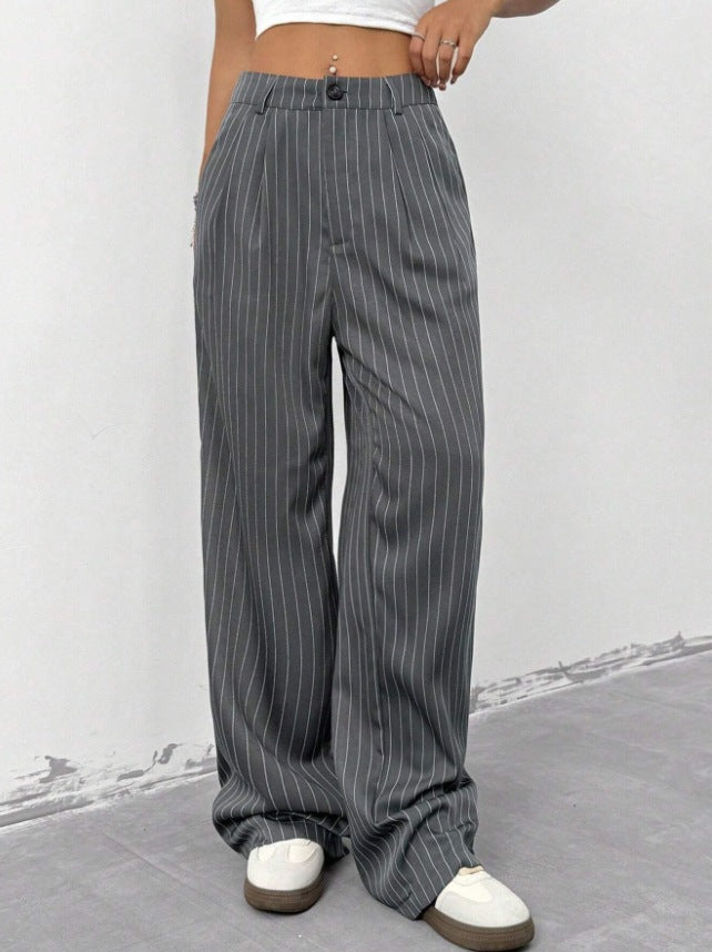 new european and american women's blue striped casual wide-leg trousers for commuting and leisure