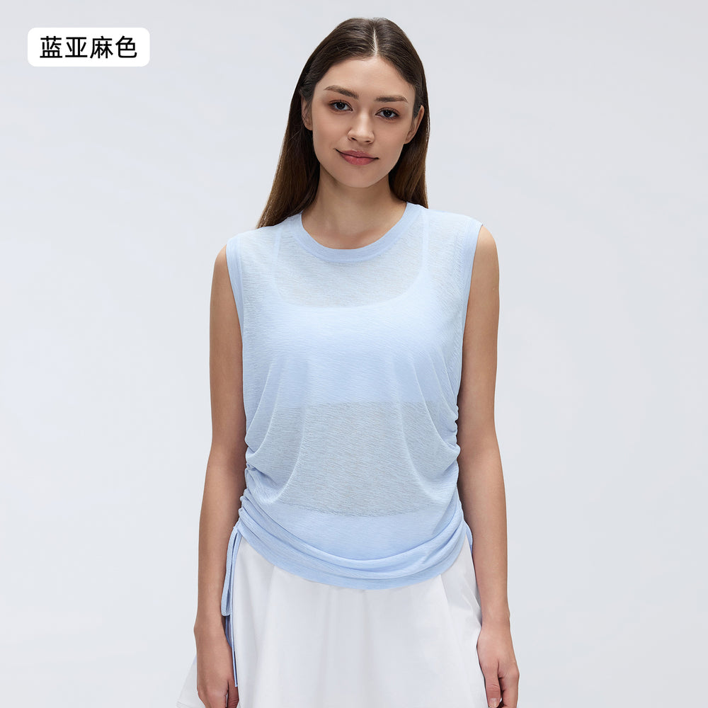 Simple round neck sleeveless sports tank top women's thin breathable side drawstring yoga top cover-up summer d26097