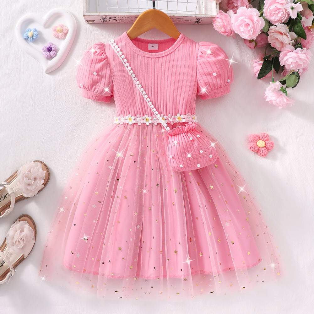 Girls' ribbed knit & mesh patchwork dress with crossbody bag (toddler/little kid)