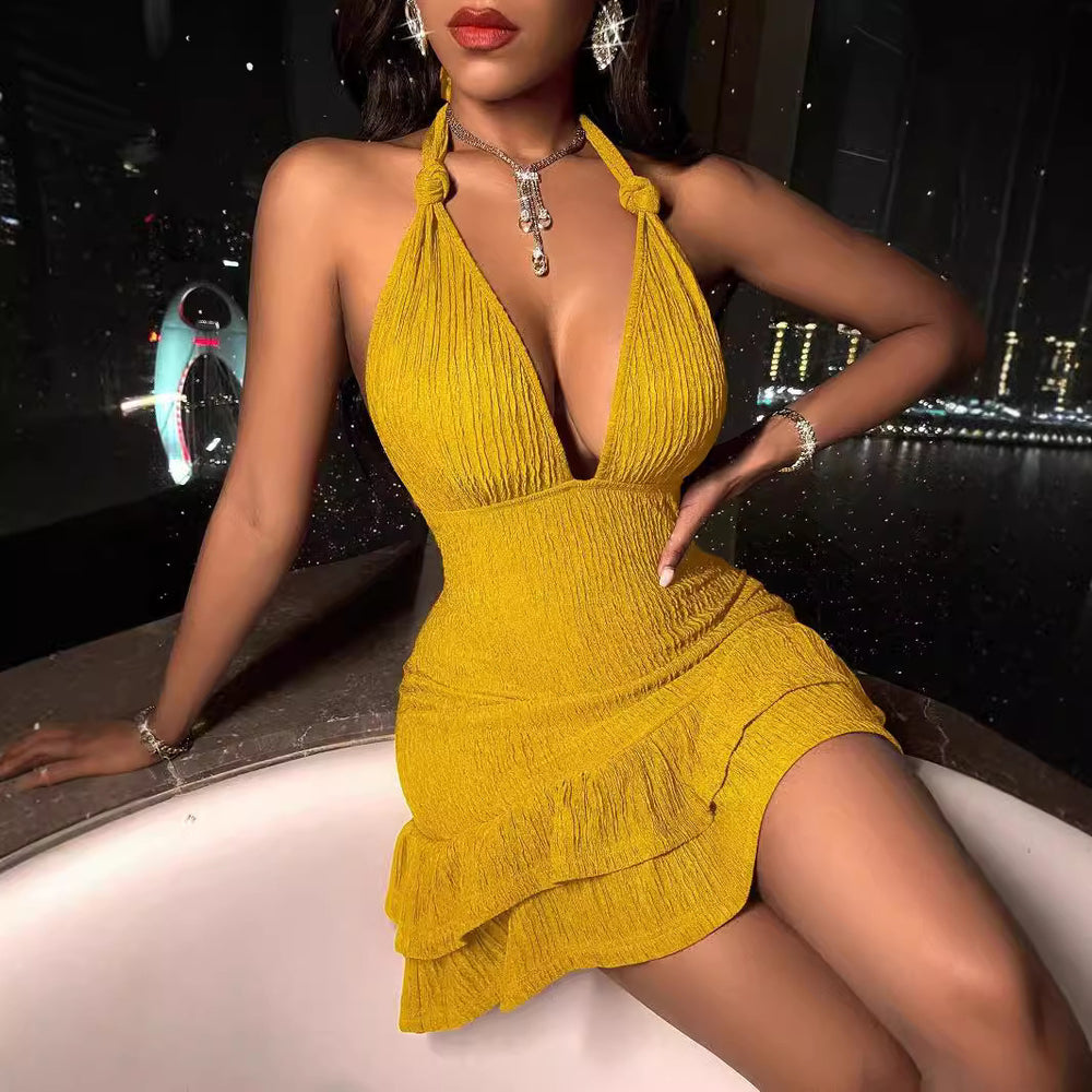 summer new arrival: halter neck sexy low-cut bodycon solid color bodycon dress - european & american style fashion women's clothing