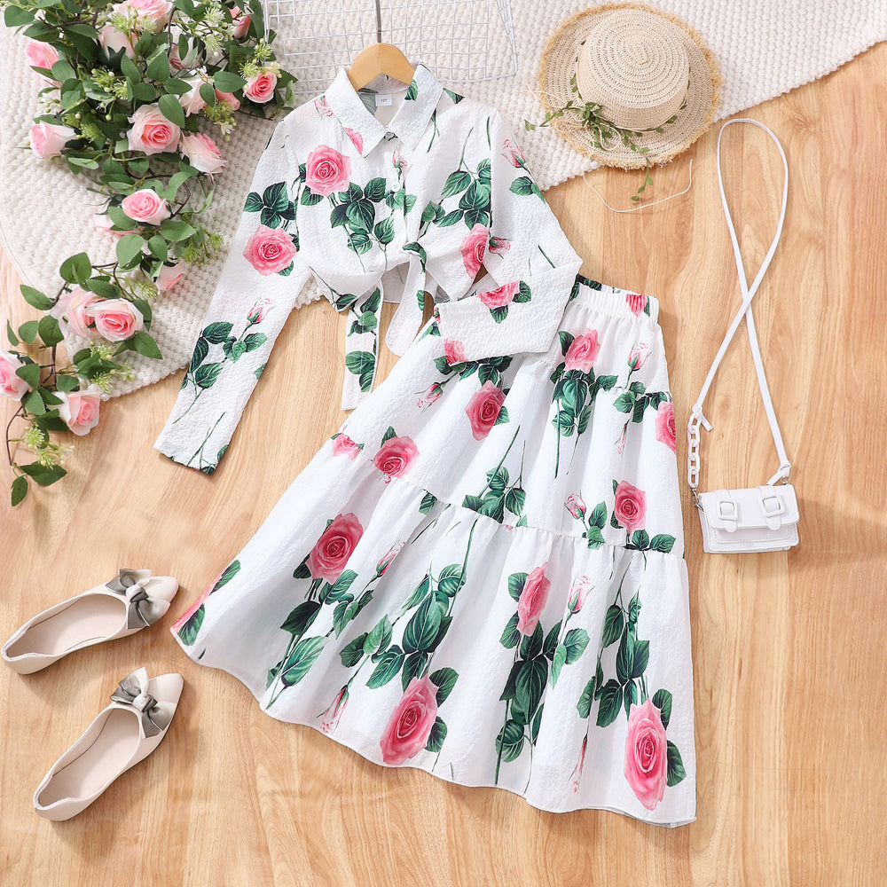 Girls' two-piece set for mid-to-large children: floral long-sleeve dress with collar