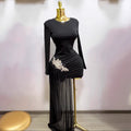 women's black rhinestone floral long sleeve bodycon dress - cocktail club party sexy long sleeve