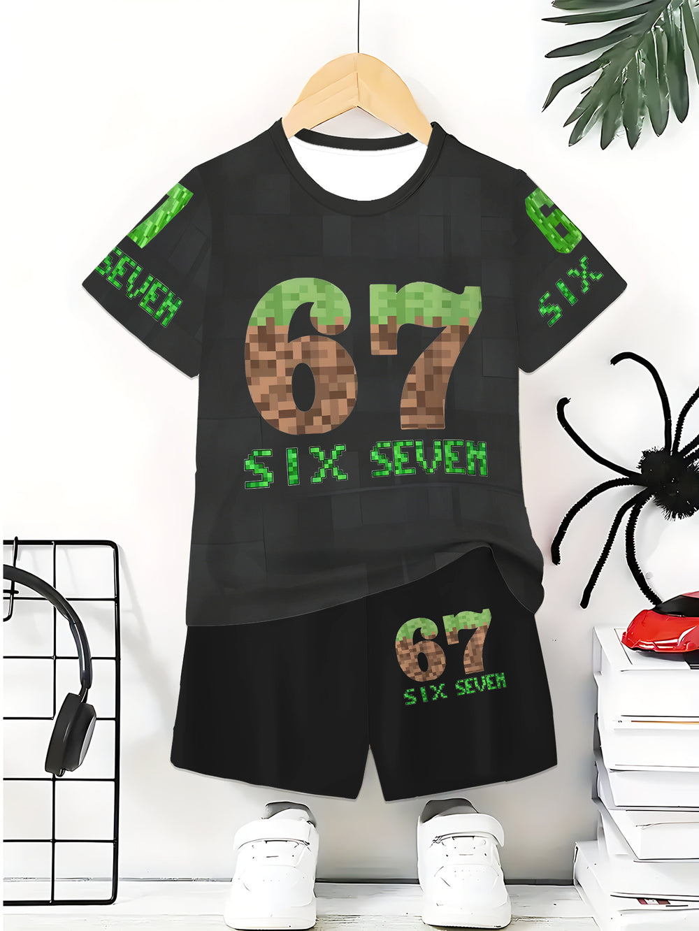 "stylish digital 67 print," perfect for summer wear, boys' outdoor sports t-shirt set