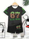 "stylish digital 67 print," perfect for summer wear, boys' outdoor sports t-shirt set
