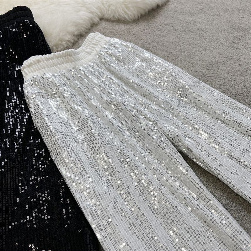 summer new arrival: flowy starry sky straight-leg pants - elastic waist, sparkling sequins, casual, loose fit, slimming wide-leg trousers
