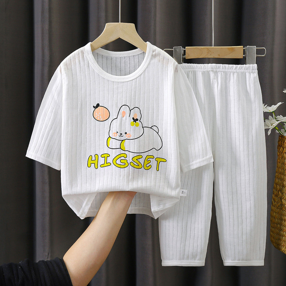 Summer kids' pure cotton loungewear set - boys' and girls' lightweight pajamas, breathable three-quarter sleeve baby air conditioning suit