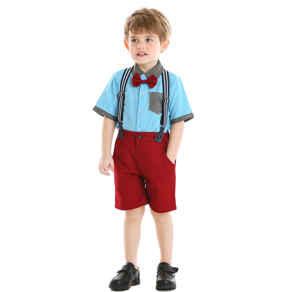 European and american summer cross-border children's clothing: boys' color block short-sleeve overalls, kids' outfit, birthday dress